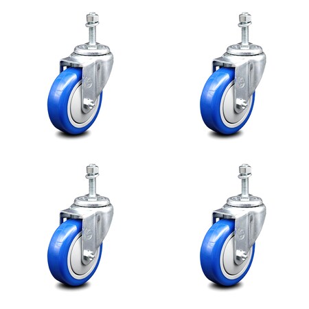 Service Caster 4 Inch Blue Polyurethane Wheel Swivel 3/8 Inch Threaded Stem Caster Set SCC SCC-TS20S414-PPUB-BLUE-381615-4